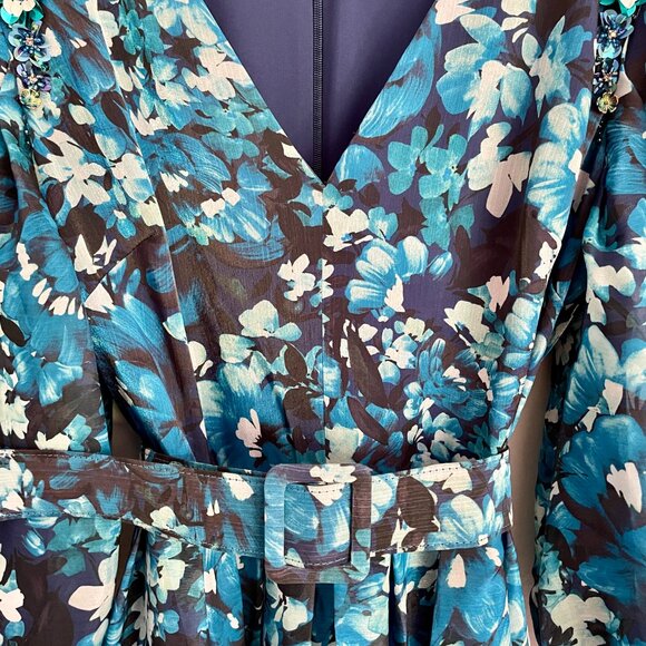 Badgley Mischka Blue Print Puff Sleeve Gown, Size 10 (NWT) - Picture 7 of 11